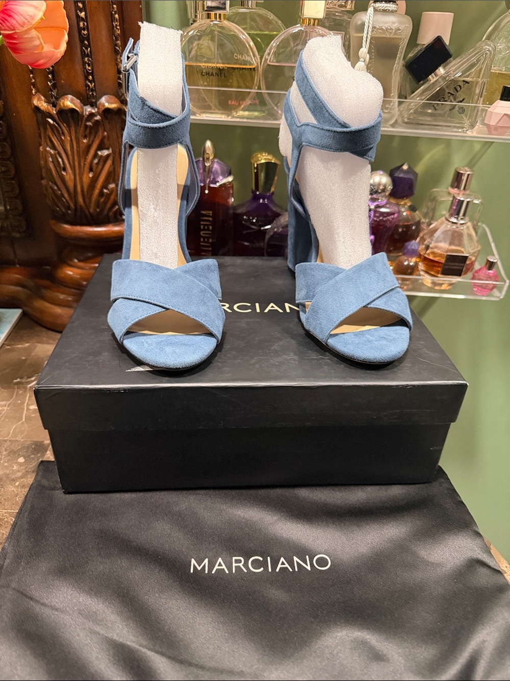 Marciano Light Blue Suede Crisscross Ankle-Strap Block Heels